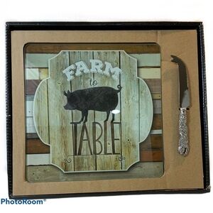 Glass Cheese Cutting Serve Board Knife CounterArt Farmhouse Set